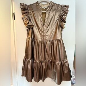 Metallic Faux Leather Ruffle Sleeve Dress